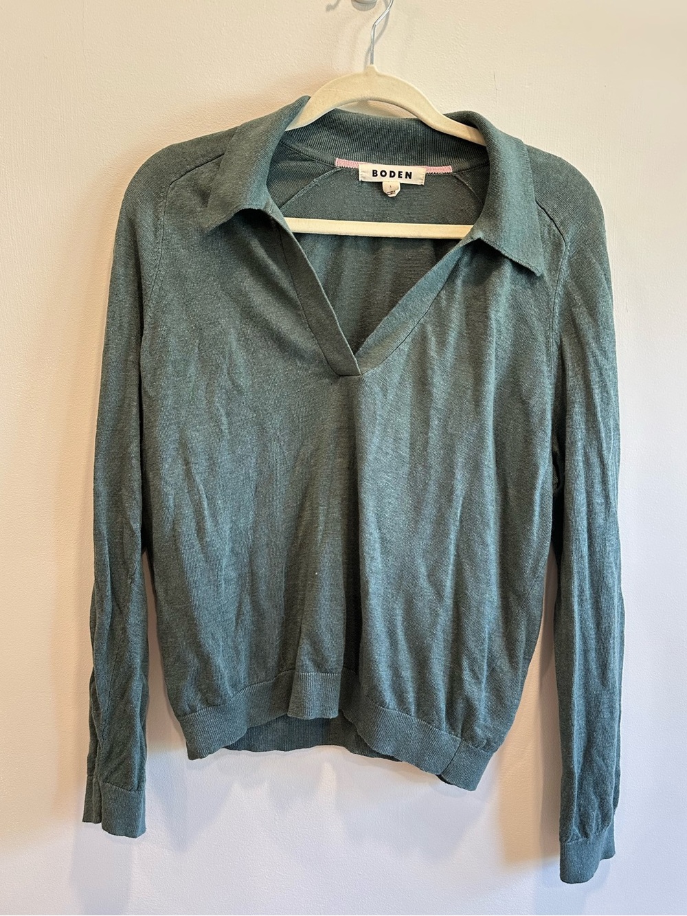 Boden Agnes Collared Linen Jumper V Neck Sweater Green Jasper Sz Large - Picture 2 of 10
